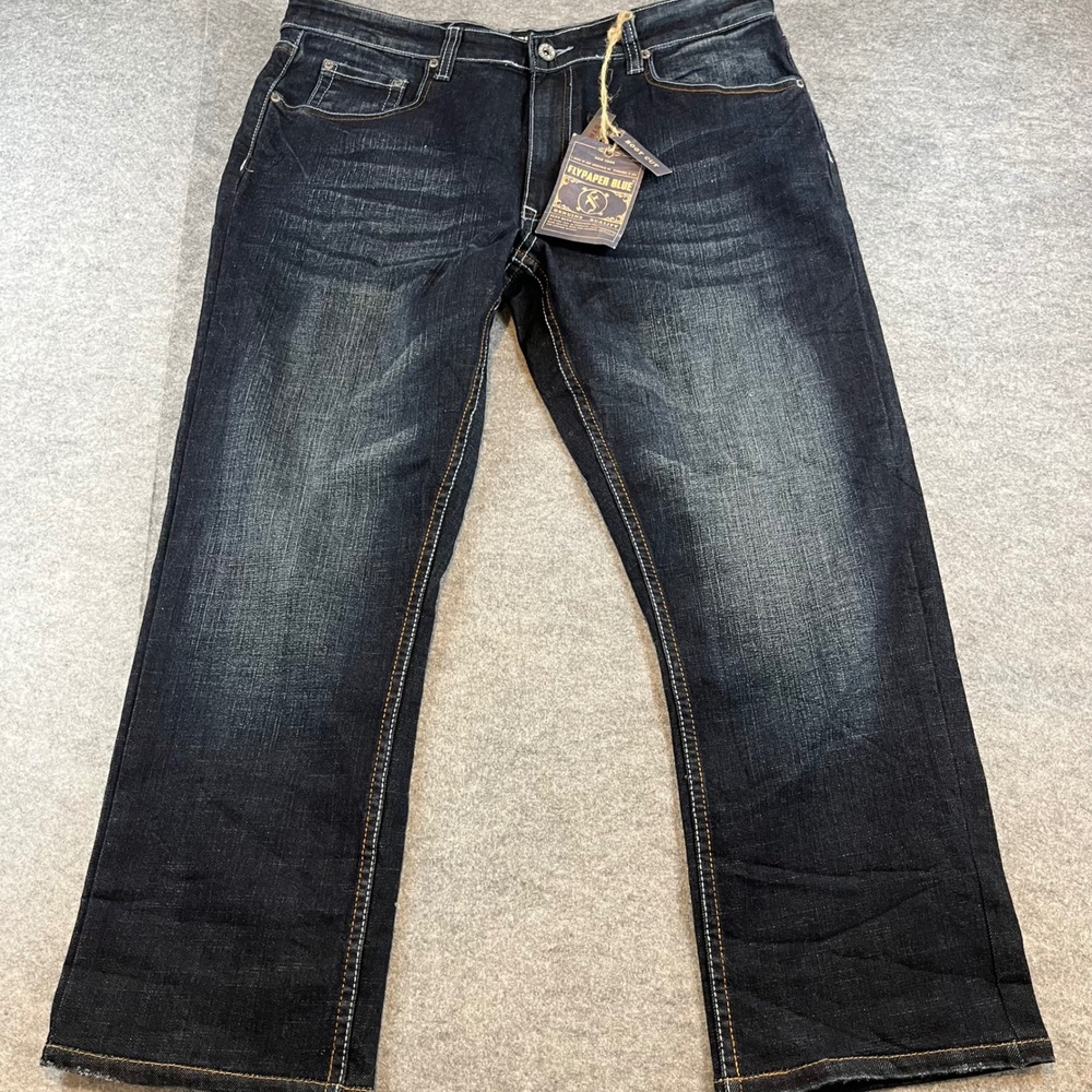 Flypaper Blue Mens Bootcut Jeans Dark Wash Y2K Grunge 36x32 Embroidered Pocket
